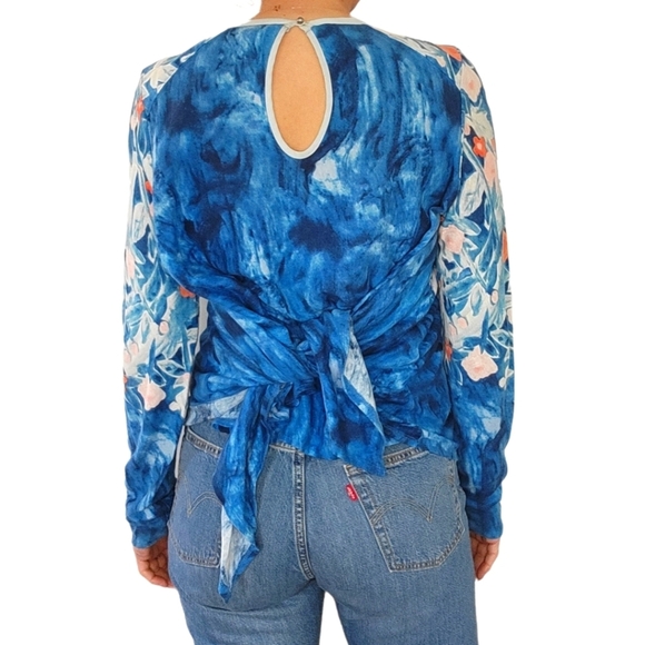 Anthropologie Meadow Rue Linen Cotton Blouse Size Small Blue Floral - Picture 5 of 8